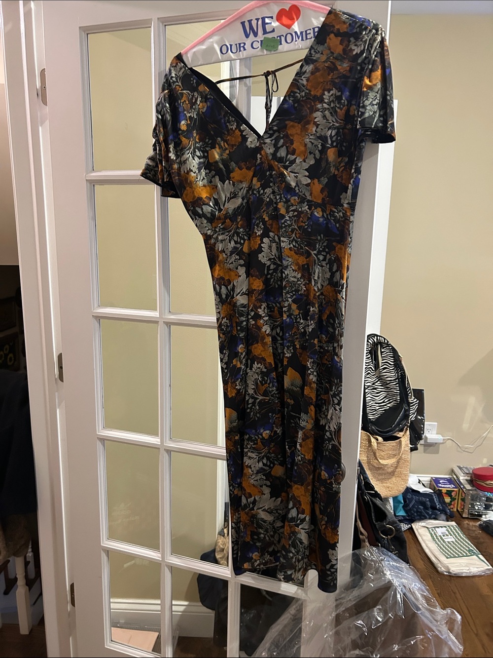 10 Crosby Derek Lam Black Floral V-Neck Midi Dress with Mustard and Blue Accents